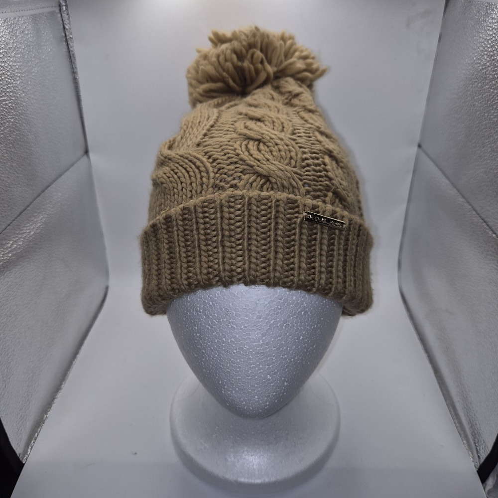 Michael Kors Brown Cable Knit Pom Pom Beanie Hat Gold Logo Winter Ski Cap
